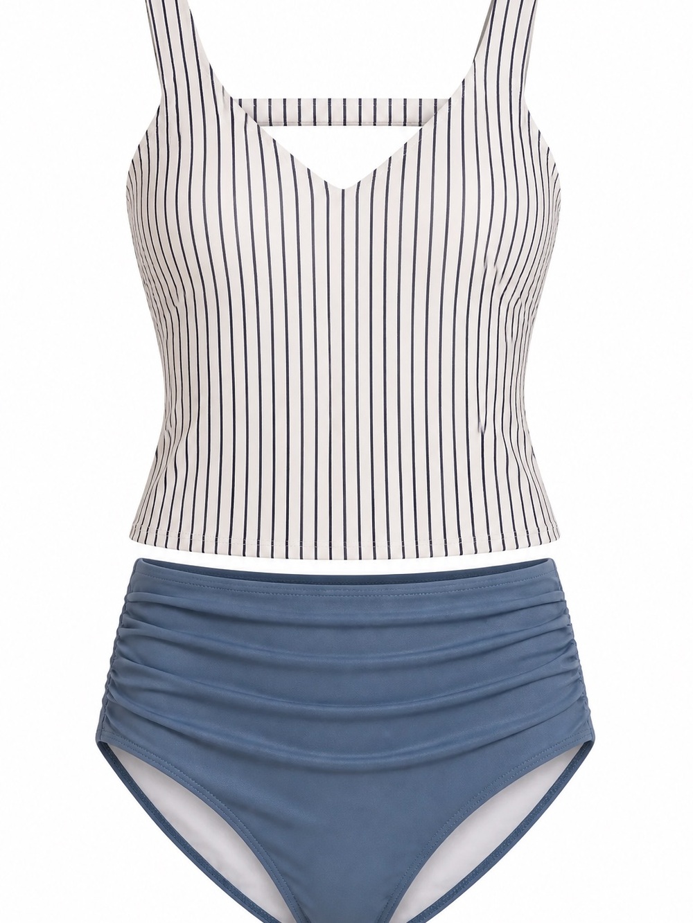 Striped Ivory & Navy Tankini Set - High Waist Bottoms